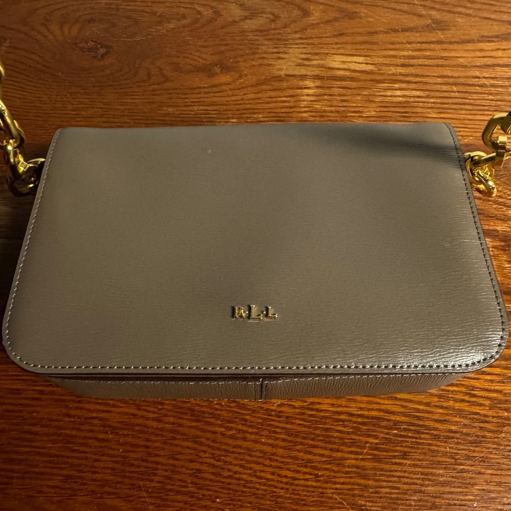 Lauren Ralph Lauren Taupe Leather Crossbody Bag Gold Chain Link Hardware RLL
